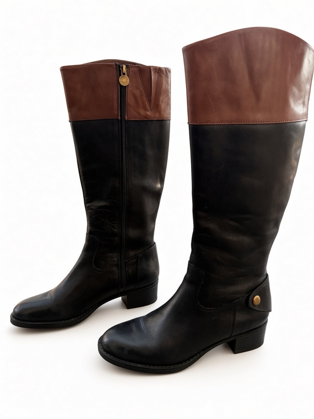 Franco Sarto Cyma2 Leather Riding Boots 7.5 M 38 Two Tone Black Brown Equestrian
